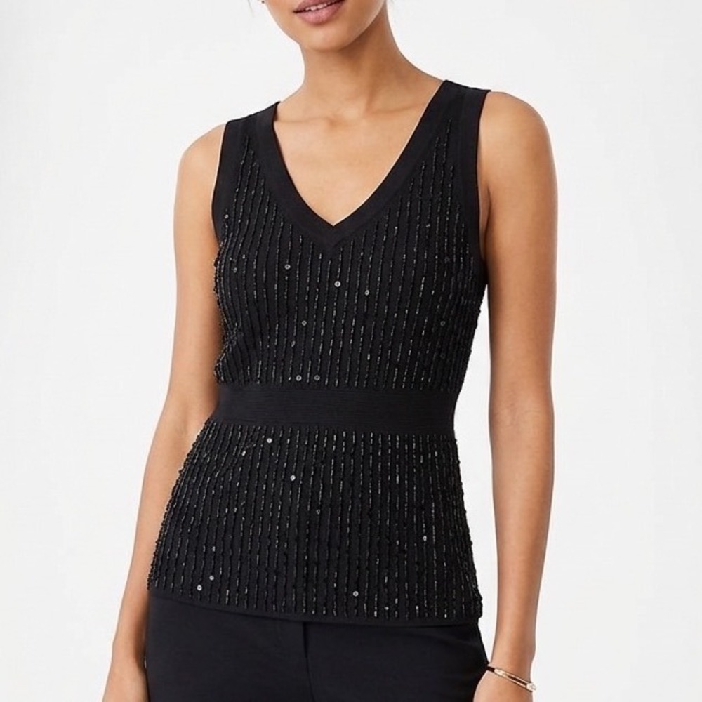 Ann Taylor Loft Black Beaded Sequin V-Neck Sleeveless Knit Shell Top Small